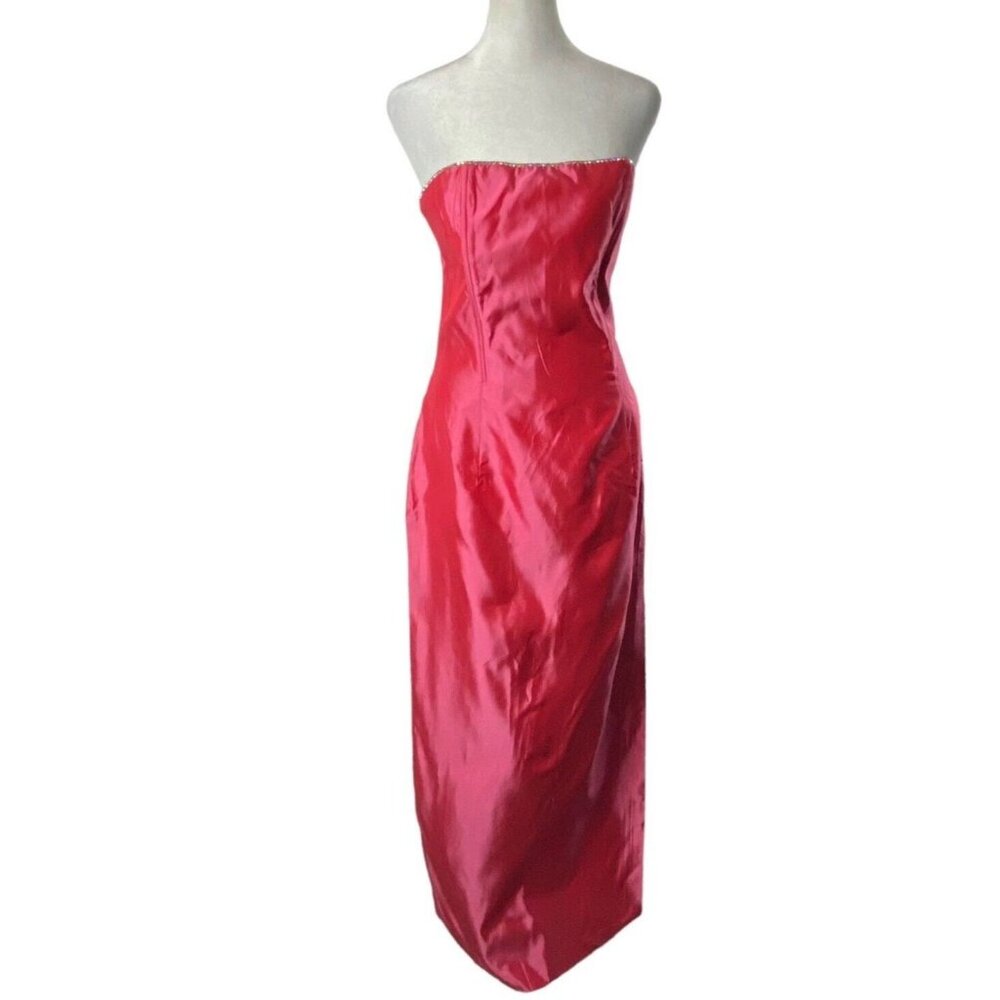 Vtg JESSICA McCLINTOCK Women‎ Off Shoulder Satin Maxi Dress Sz 9 Pink Corset 1-4